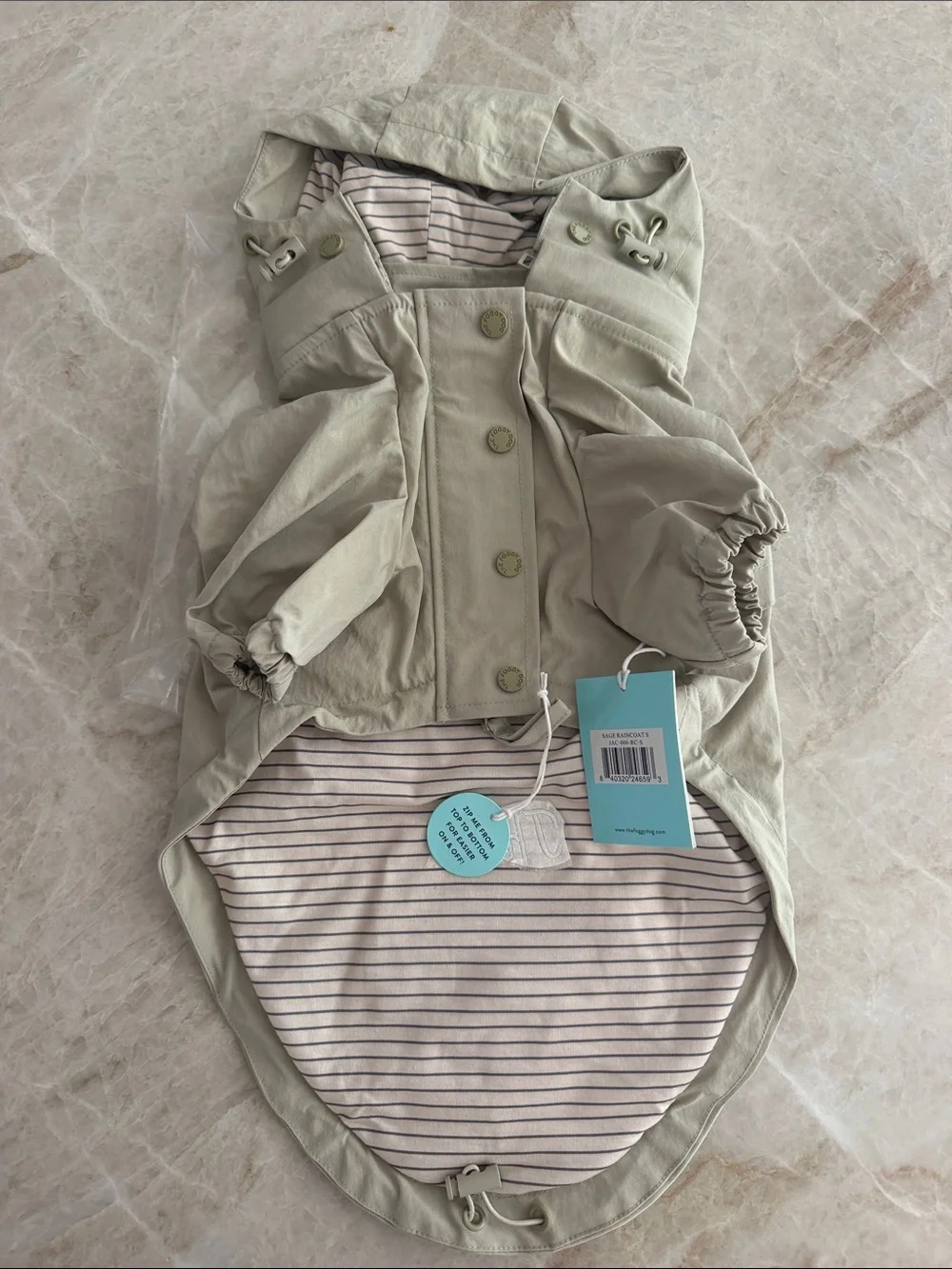 THE FOGGY DOG | Sage Raincoat | Size: Small | Embroidered “Theo”
